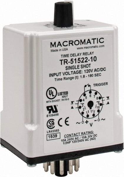 Macromatic - 11 Pin, Multiple Range DPDT Time Delay Relay - 10 Contact Amp, 120 VAC/VDC, Knob - Eagle Tool & Supply