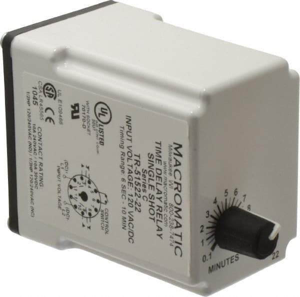 Macromatic - 11 Pin, 10 min Delay, Multiple Range DPDT Time Delay Relay - 10 Contact Amp, 120 VAC/VDC, Knob - Eagle Tool & Supply