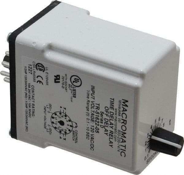 Macromatic - 11 Pin, Multiple Range DPDT Time Delay Relay - 10 Contact Amp, 120 VAC/VDC, Knob - Eagle Tool & Supply