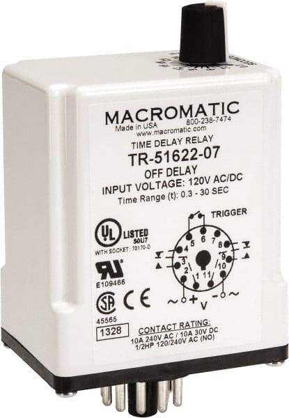 Macromatic - 11 Pin, Multiple Range DPDT Time Delay Relay - 10 Contact Amp, 120 VAC/VDC, Knob - Eagle Tool & Supply