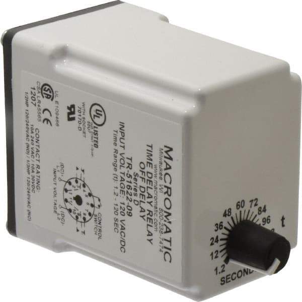 Macromatic - 11 Pin, Multiple Range DPDT Time Delay Relay - 10 Contact Amp, 120 VAC/VDC, Knob - Eagle Tool & Supply