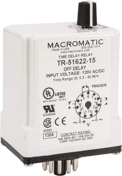 Macromatic - 11 Pin, 0.3 to 30 min Delay, Multiple Range DPDT Time Delay Relay - 10 Contact Amp, 120 VAC/VDC, Knob - Eagle Tool & Supply