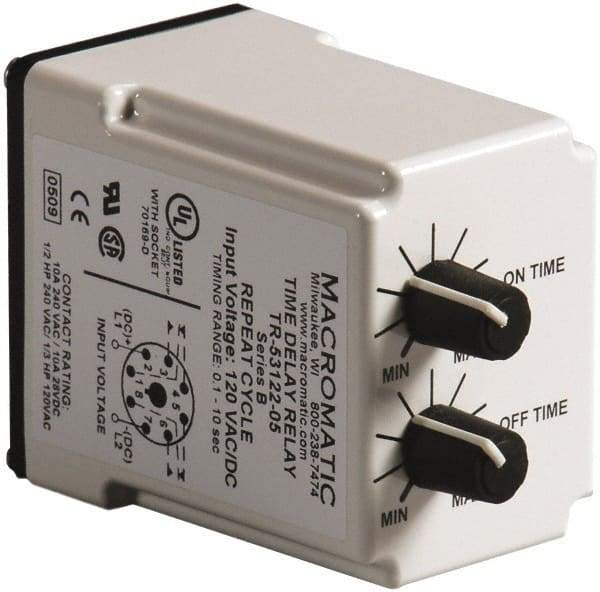 Macromatic - 8 Pin, 10 min Delay, Multiple Range DPDT Time Delay Relay - 10 Contact Amp, 120 VAC/VDC, Knob - Eagle Tool & Supply