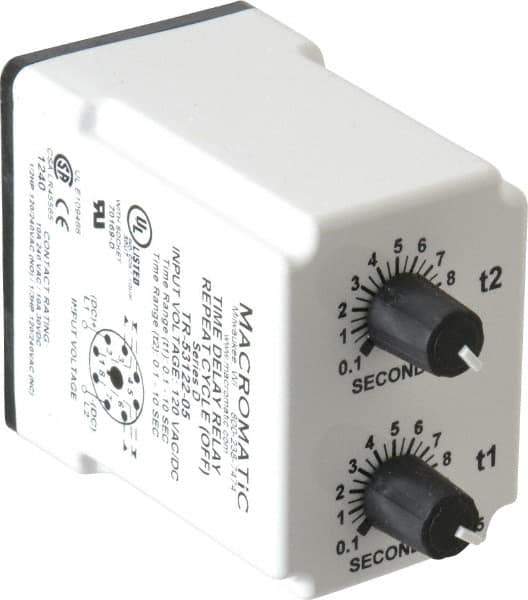 Macromatic - 8 Pin, Multiple Range DPDT Time Delay Relay - 10 Contact Amp, 120 VAC/VDC, Knob - Eagle Tool & Supply