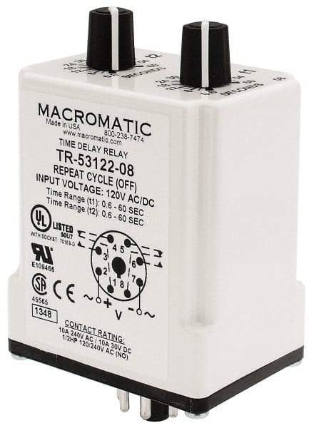 Macromatic - 8 Pin, Multiple Range DPDT Time Delay Relay - 10 Contact Amp, 120 VAC/VDC, Knob - Eagle Tool & Supply