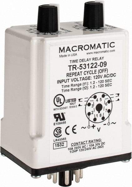 Macromatic - 8 Pin, Multiple Range DPDT Time Delay Relay - 10 Contact Amp, 120 VAC/VDC, Knob - Eagle Tool & Supply