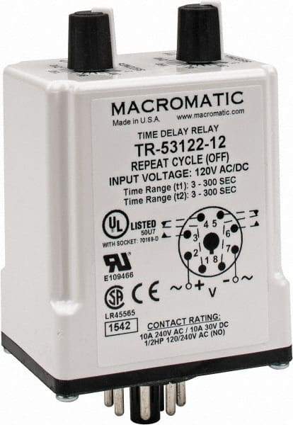 Macromatic - 8 Pin, Multiple Range DPDT Time Delay Relay - 10 Contact Amp, 120 VAC/VDC, Knob - Eagle Tool & Supply