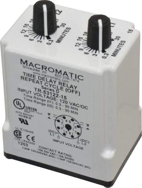 Macromatic - 8 Pin, 30 min Delay, Multiple Range DPDT Time Delay Relay - 10 Contact Amp, 120 VAC/VDC, Knob - Eagle Tool & Supply