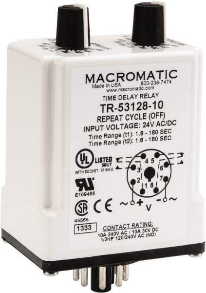 Macromatic - 8 Pin, Multiple Range DPDT Time Delay Relay - 10 Contact Amp, 24 VAC/VDC, Knob - Eagle Tool & Supply