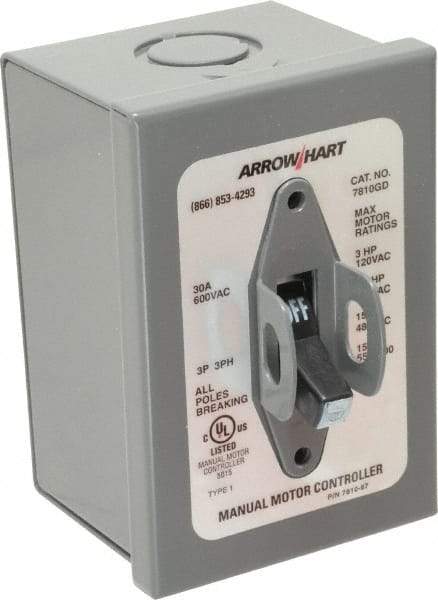 Cooper Wiring Devices - 3 Poles, 30 Amp, 3PST, NEMA, Enclosed Manual Motor Starter - 66.8mm Wide x 118.62mm Deep x 112.27mm High, 15 hp at 480 V, 15 hp at 600 V, 3 hp at 120 V & 7-1/2 hp at 240 V, CSA C22.2 No. 14, NEMA 1 & UL 508 - Eagle Tool & Supply