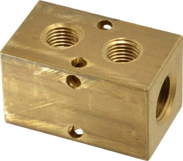 Made in USA - 3/8" Inlet, 1/4" Outlet Manifold - 2.13" Long x 1-1/4" Wide x 1-1/4" High, 0.2" Mount Hole, 2 Inlet Ports, 2 Outlet Ports - Eagle Tool & Supply