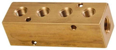 Made in USA - 1/2" Inlet, 3/8" Outlet Manifold - 4-3/4" Long x 1-1/2" Wide x 1-1/2" High, 0.2" Mount Hole, 2 Inlet Ports, 4 Outlet Ports - Eagle Tool & Supply