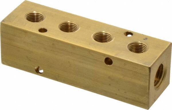 Made in USA - 1/4" Inlet, 1/8" Outlet Manifold - 3-1/4" Long x 1" Wide x 1" High, 0.17" Mount Hole, 2 Inlet Ports, 4 Outlet Ports - Eagle Tool & Supply