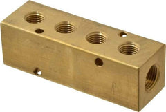 Made in USA - 3/8" Inlet, 1/4" Outlet Manifold - 3.88" Long x 1-1/4" Wide x 1-1/4" High, 0.2" Mount Hole, 2 Inlet Ports, 4 Outlet Ports - Eagle Tool & Supply