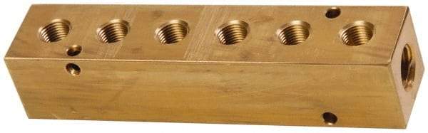 Made in USA - 1/2" Inlet, 3/8" Outlet Manifold - 6-3/4" Long x 1-1/2" Wide x 1-1/2" High, 0.2" Mount Hole, 2 Inlet Ports, 6 Outlet Ports - Eagle Tool & Supply