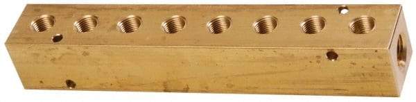 Made in USA - 3/8" Inlet, 1/4" Outlet Manifold - 7.38" Long x 1-1/4" Wide x 1-1/4" High, 0.2" Mount Hole, 2 Inlet Ports, 8 Outlet Ports - Eagle Tool & Supply