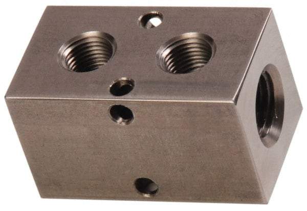 Made in USA - 1/2" Inlet, 3/8" Outlet Manifold - 2-3/4" Long x 1-1/2" Wide x 1-1/2" High, 0.2" Mount Hole, 2 Inlet Ports, 2 Outlet Ports - Eagle Tool & Supply