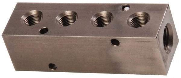 Made in USA - 1/2" Inlet, 3/8" Outlet Manifold - 4-3/4" Long x 1-1/2" Wide x 1-1/2" High, 0.2" Mount Hole, 2 Inlet Ports, 4 Outlet Ports - Eagle Tool & Supply