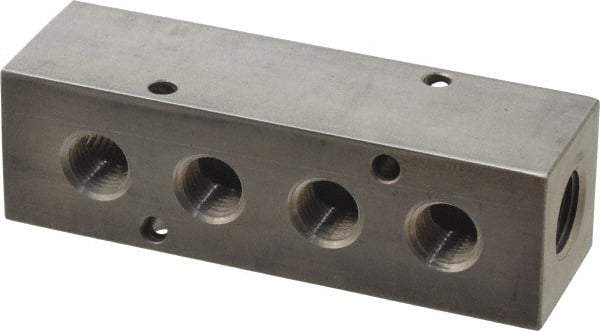 Made in USA - 3/8" Inlet, 1/4" Outlet Manifold - 4.12" Long x 1-1/4" Wide x 1-1/4" High, 0.2" Mount Hole, 2 Inlet Ports, 4 Outlet Ports - Eagle Tool & Supply