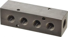 Made in USA - 3/8" Inlet, 1/4" Outlet Manifold - 4.12" Long x 1-1/4" Wide x 1-1/4" High, 0.2" Mount Hole, 2 Inlet Ports, 4 Outlet Ports - Eagle Tool & Supply