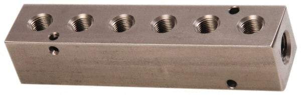 Made in USA - 1/2" Inlet, 3/8" Outlet Manifold - 6-3/4" Long x 1-1/2" Wide x 1-1/2" High, 0.2" Mount Hole, 2 Inlet Ports, 6 Outlet Ports - Eagle Tool & Supply