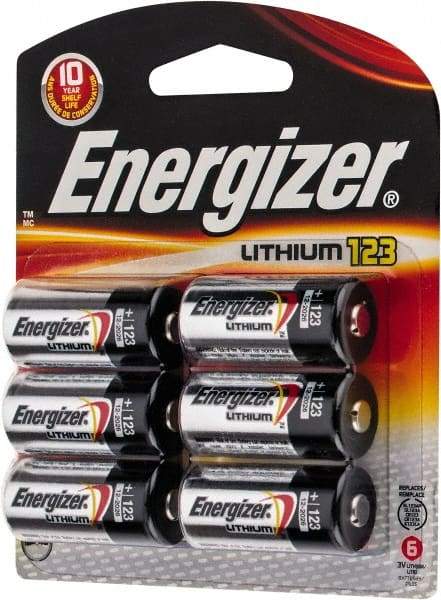 Energizer - Size 123, Lithium, 6 Pack, Photo Battery - 3 Volts, Flat Terminal, CR17345, ANSI, IEC Regulated - Eagle Tool & Supply