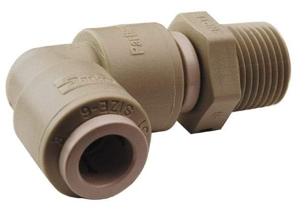 Parker - 5/16" Outside Diam, 3/8 NPTF, Acetal Push-to-Connect Tube Male Elbow - 300 Max psi, Tan - Eagle Tool & Supply