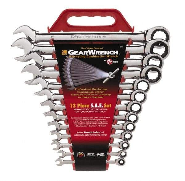 GearWrench - 13 Piece, 1/4" to 1", Combination Wrench Set - Inch Measurement Standard, Chrome Finish, Comes in Plastic Rack - Eagle Tool & Supply