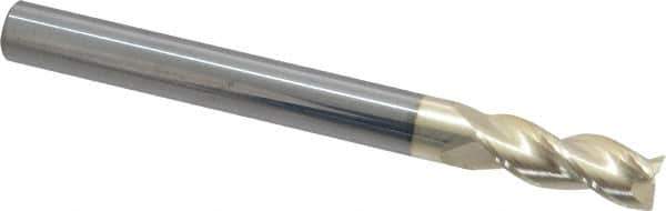 Accupro - 3/8", 1" LOC, 3/8" Shank Diam, 4" OAL, 3 Flute, Solid Carbide Square End Mill - Single End, ZrN Finish, Spiral Flute, 37° Helix, Centercutting, Right Hand Cut, Right Hand Flute - Eagle Tool & Supply