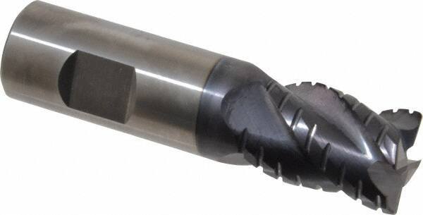 ProMax - 3/4" Diam, 1" LOC, 4 Flute Solid Carbide Roughing & Finishing Corner Radius End Mill - AlTiN Finish, 3" OAL, 3/4" Shank Diam, Weldon Shank, 40° Helix, Centercutting, Stub Length - Eagle Tool & Supply