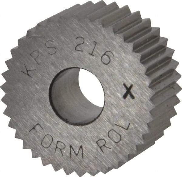 Made in USA - 3/4" Diam, 90° Tooth Angle, 16 TPI, Standard (Shape), Form Type Cobalt Straight Knurl Wheel - 3/8" Face Width, 1/4" Hole, Circular Pitch, Bright Finish, Series KP - Exact Industrial Supply