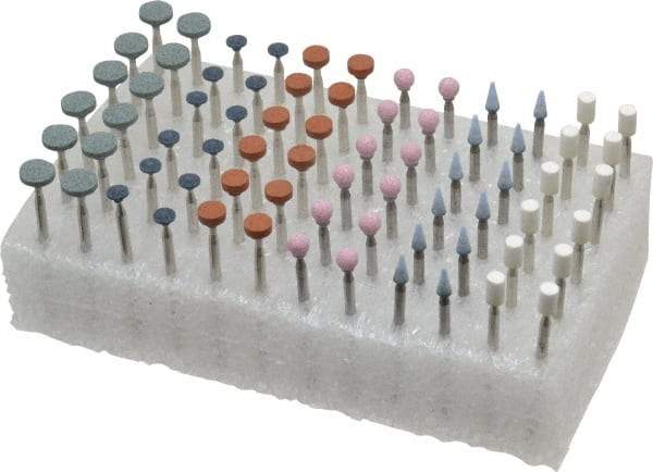 Grier Abrasives - 72 Piece Aluminum Oxide Vitrified Mounted Stone Abrasive Point Set - Fine Grade, 3/32" Diam x 1-1/2" Long Shank - Eagle Tool & Supply