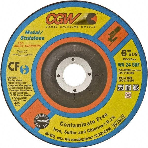 Camel Grinding Wheels - 24 Grit, 6" Wheel Diam, 1/8" Wheel Thickness, Type 27 Depressed Center Wheel - Coarse Grade, Aluminum Oxide, Resinoid Bond, 10,200 Max RPM - Eagle Tool & Supply