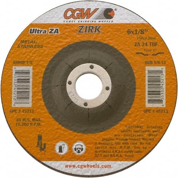 Camel Grinding Wheels - 24 Grit, 5" Wheel Diam, 1/8" Wheel Thickness, 7/8" Arbor Hole, Type 27 Depressed Center Wheel - Coarse Grade, Zirconia Alumina, Resinoid Bond, 12,250 Max RPM - Eagle Tool & Supply