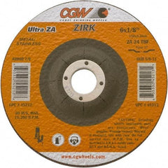 Camel Grinding Wheels - 24 Grit, 5" Wheel Diam, 1/8" Wheel Thickness, 7/8" Arbor Hole, Type 27 Depressed Center Wheel - Coarse Grade, Zirconia Alumina, Resinoid Bond, 12,250 Max RPM - Eagle Tool & Supply