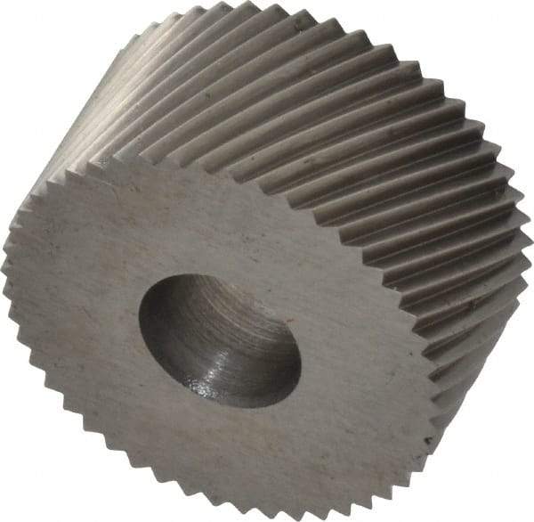 Made in USA - 3/4" Diam, 80° Tooth Angle, Standard (Shape), Form Type Cobalt Right-Hand Diagonal Knurl Wheel - 3/8" Face Width, 1/4" Hole, 64 Diametral Pitch, 30° Helix, Bright Finish, Series KP - Exact Industrial Supply