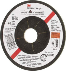 3M - 60 Grit, 4-1/2" Wheel Diam, 1/8" Wheel Thickness, 7/8" Arbor Hole, Type 27 Depressed Center Wheel - Ceramic, 13,300 Max RPM - Eagle Tool & Supply
