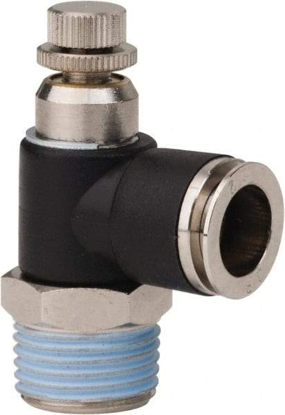 PRO-SOURCE - 1/2" NPT x 1/2" Tube OD Right Angle Flow Control Valve - 0 to 113.76 psi & Techno Polymer, Brass, Steel Material - Eagle Tool & Supply