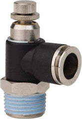PRO-SOURCE - 1/2" NPT x 1/2" Tube OD Right Angle Flow Control Valve - 0 to 113.76 psi & Techno Polymer, Brass, Steel Material - Eagle Tool & Supply
