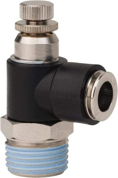 PRO-SOURCE - 1/2" NPT x 3/8" Tube OD Right Angle Flow Control Valve - 0 to 113.76 psi & Techno Polymer, Brass, Steel Material - Eagle Tool & Supply