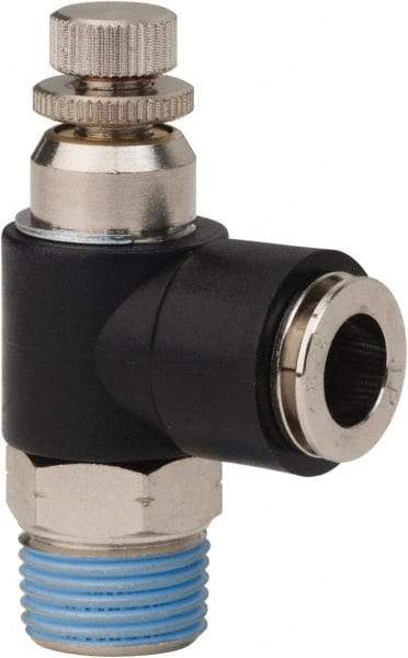 PRO-SOURCE - 3/8" NPT x 3/8" Tube OD Right Angle Flow Control Valve - 0 to 113.76 psi & Techno Polymer, Brass, Steel Material - Eagle Tool & Supply