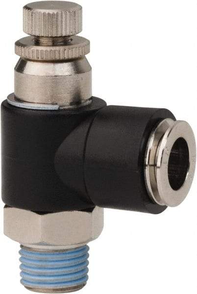 PRO-SOURCE - 1/4" NPT x 3/8" Tube OD Right Angle Flow Control Valve - 0 to 113.76 psi & Techno Polymer, Brass, Steel Material - Eagle Tool & Supply