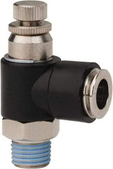 PRO-SOURCE - 1/4" NPT x 3/8" Tube OD Right Angle Flow Control Valve - 0 to 113.76 psi & Techno Polymer, Brass, Steel Material - Eagle Tool & Supply