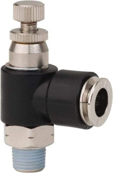 PRO-SOURCE - 1/8" NPT x 5/16" Tube OD Right Angle Flow Control Valve - 0 to 113.76 psi & Techno Polymer, Brass, Steel Material - Eagle Tool & Supply
