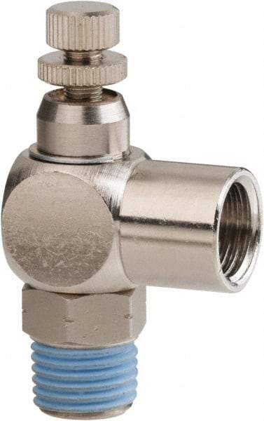 PRO-SOURCE - 1/4" Male NPT x 1/4" Female NPT Right Angle Flow Control Valve - 0 to 113.76 psi & Nickel Plated Brass Material - Eagle Tool & Supply