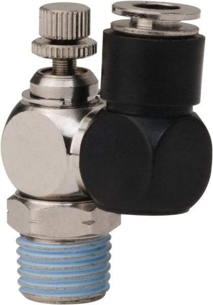 PRO-SOURCE - 1/4" Male NPT x 1/4" Tube OD Flow Control Offset Inline Valve - 0 to 113.76 psi & Techno Polymer, Brass, Steel Material - Eagle Tool & Supply