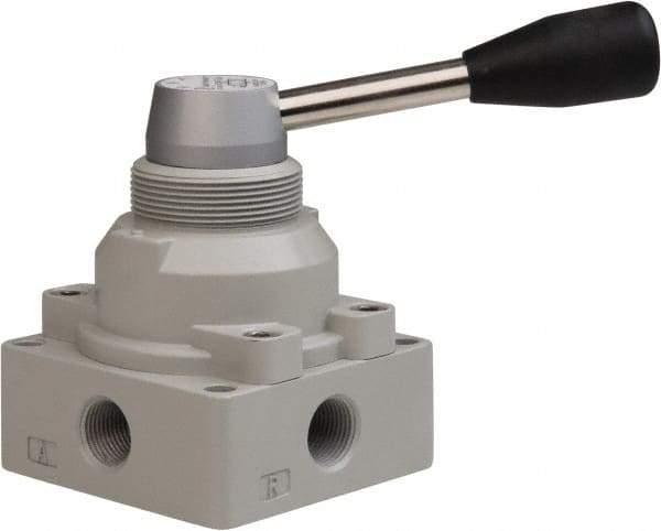 PRO-SOURCE - 3/8" NPT Manual Mechanical Valve - 4-Way, 3 Position, Lever, 0.98 CV Rate & 127.98 Max psi - Eagle Tool & Supply