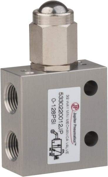 PRO-SOURCE - 1/8" NPT 3 Way, 2 Position Mini Mechanical Valve - 0.298 CV Rate, 7 CFM, 127.98 Max psi, Ball Plunger/Spring Actuator - Eagle Tool & Supply