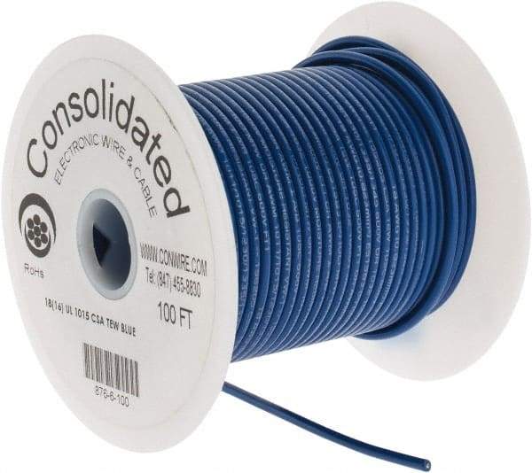 Made in USA - 18 AWG, 16 Strand, 100' OAL, Tinned Copper Hook Up Wire - Blue PVC Jacket, 0.106" Diam - Eagle Tool & Supply