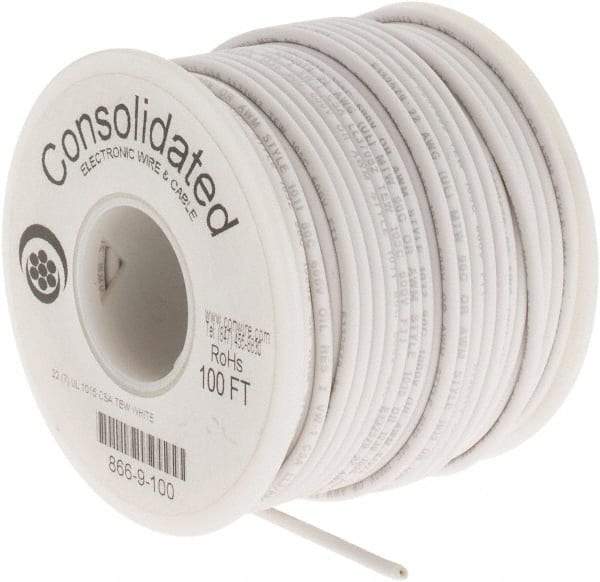 Made in USA - 22 AWG, 7 Strand, 100' OAL, Tinned Copper Hook Up Wire - White PVC Jacket, 0.091" Diam - Eagle Tool & Supply